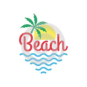 Beach logo with palm tree, sun and sea or ocean. Tropical T-shirt typography design. Apparel graphic. Vector illustration